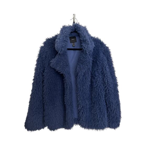 Forever 21 Jacket Womens Large Faux Fur Open Front Navy Blue Collared Plush - Picture 1 of 5